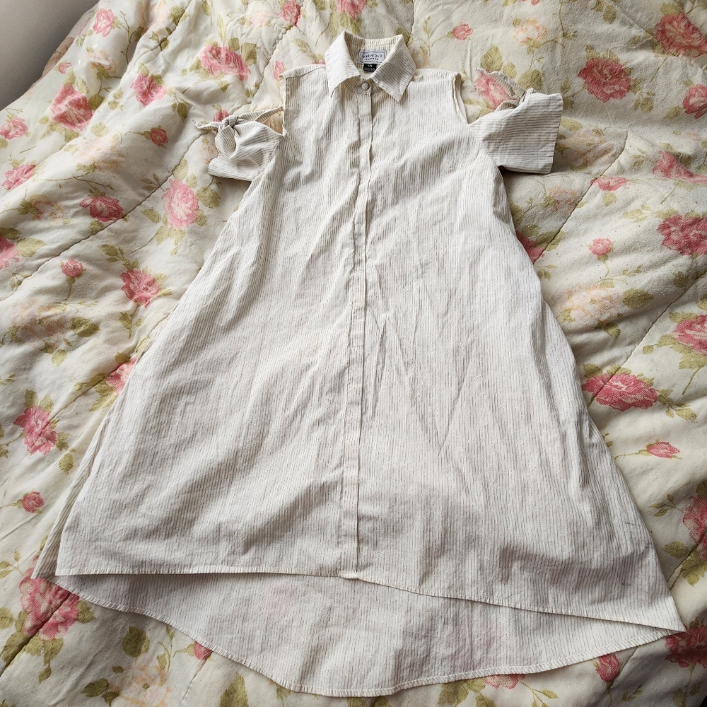 Marigold Cream and Silver Pinstripe Cold Shoulder Dress size M - Picture 3 of 10